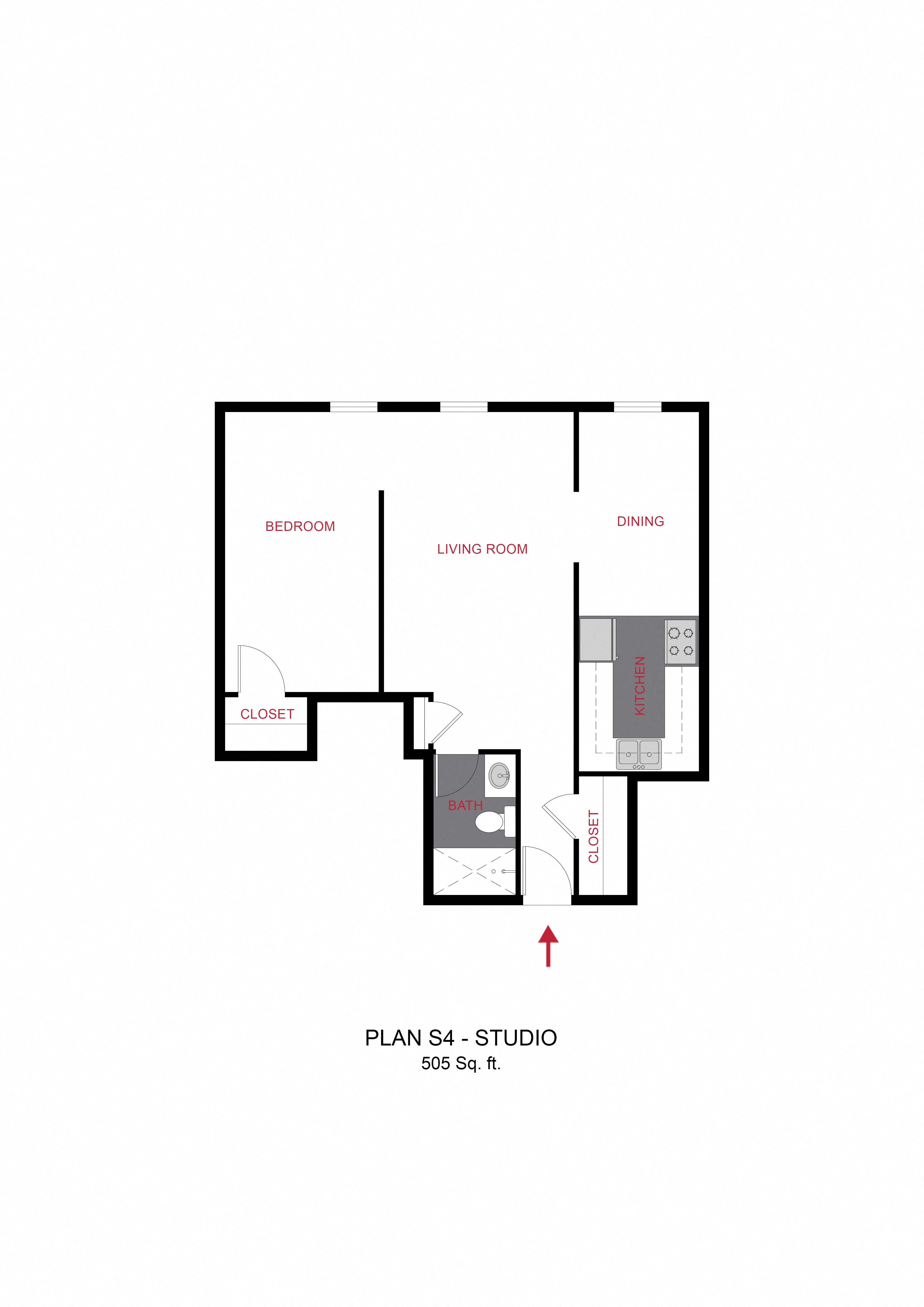 Floor plan for studio, 1 bath, 505 sqft